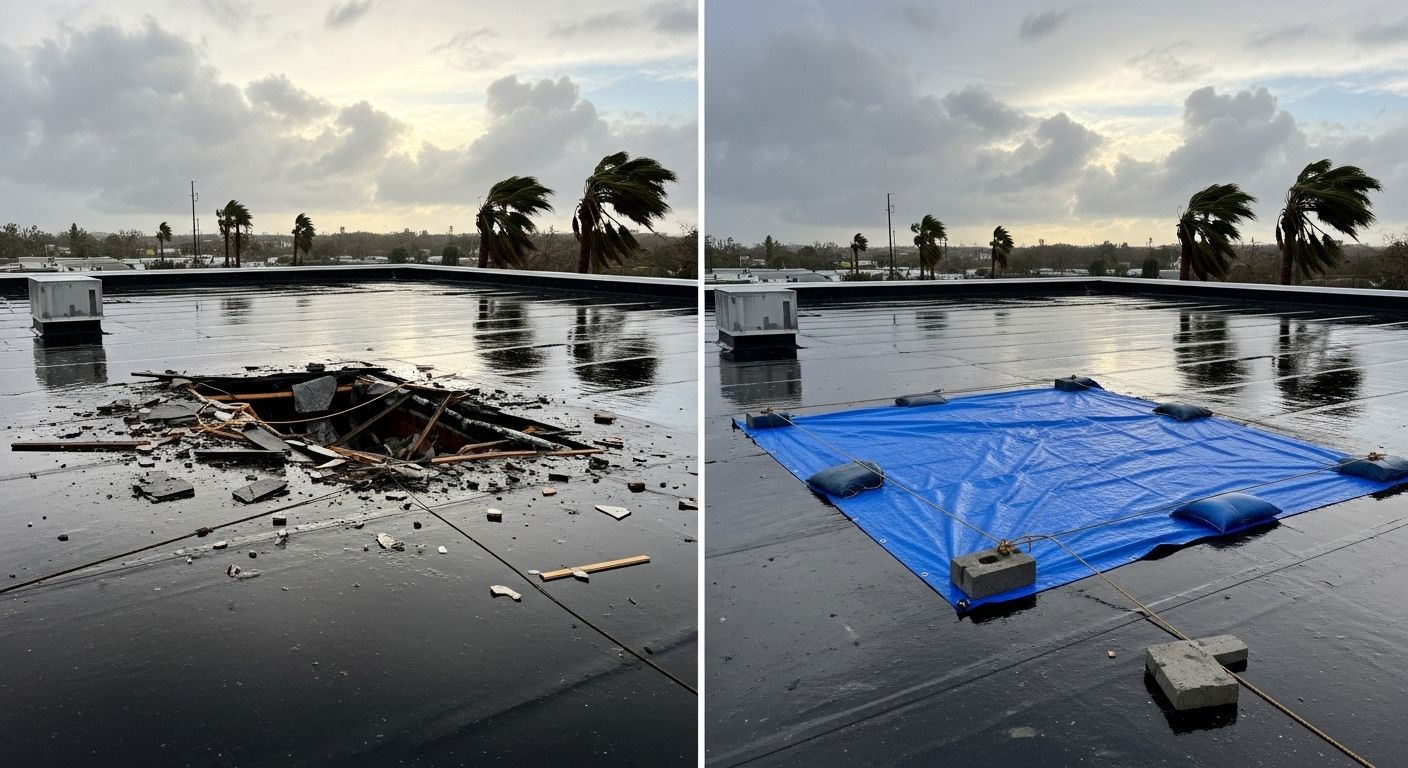 Large commercial building we protected with professional tarping after hurricane damage